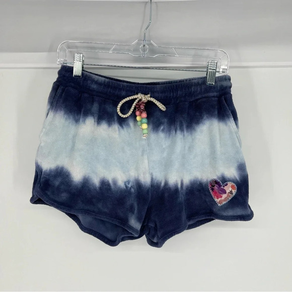 LoveShackFancy Blue Tie Dye Embroidered Patchwork Jersey Loungewear Shorts Small - Picture 2 of 5